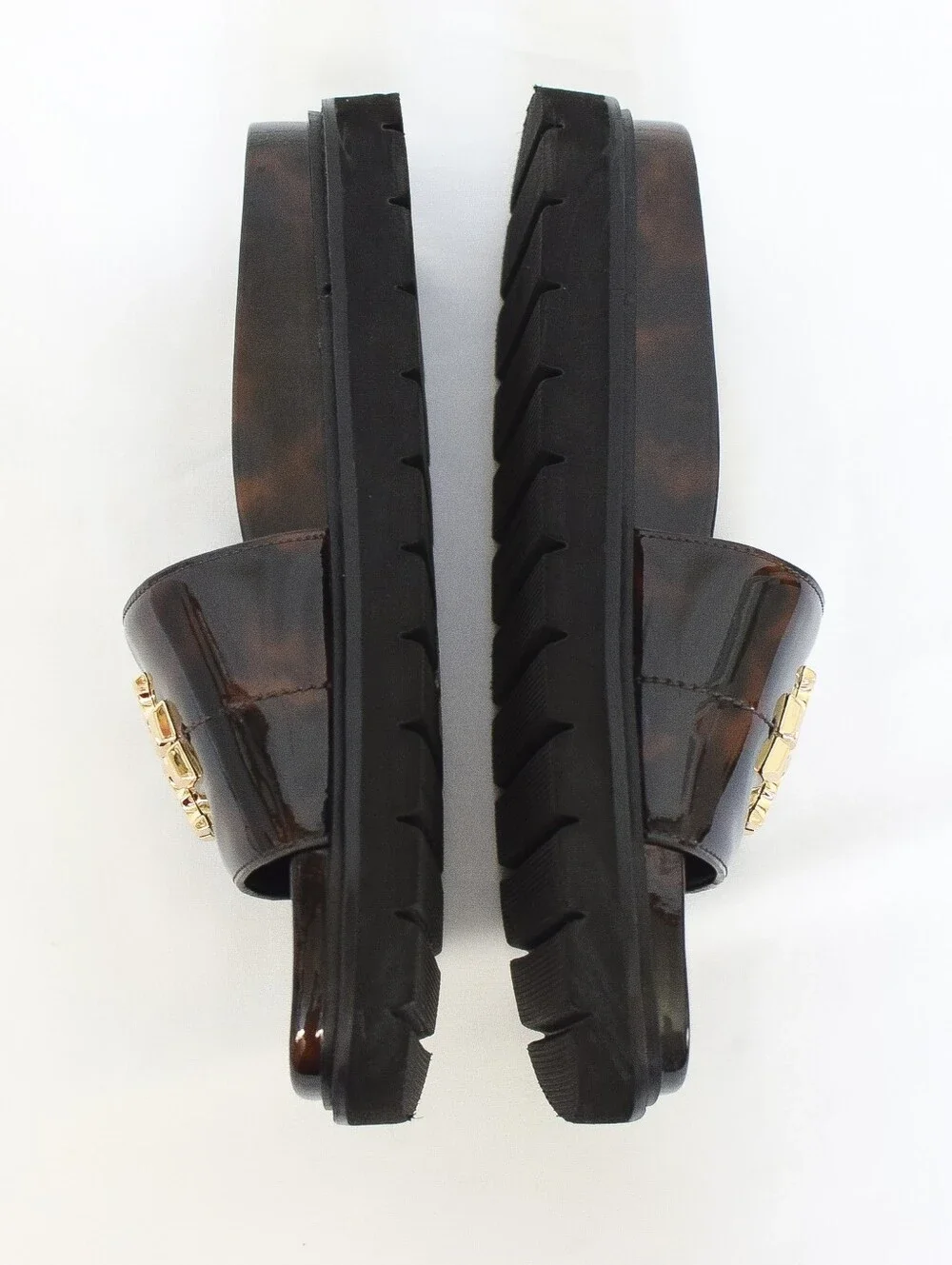 Tory Burch Everly Anatomic Lug Slide Sandals Tortoise Shell Leather Brown Size 7